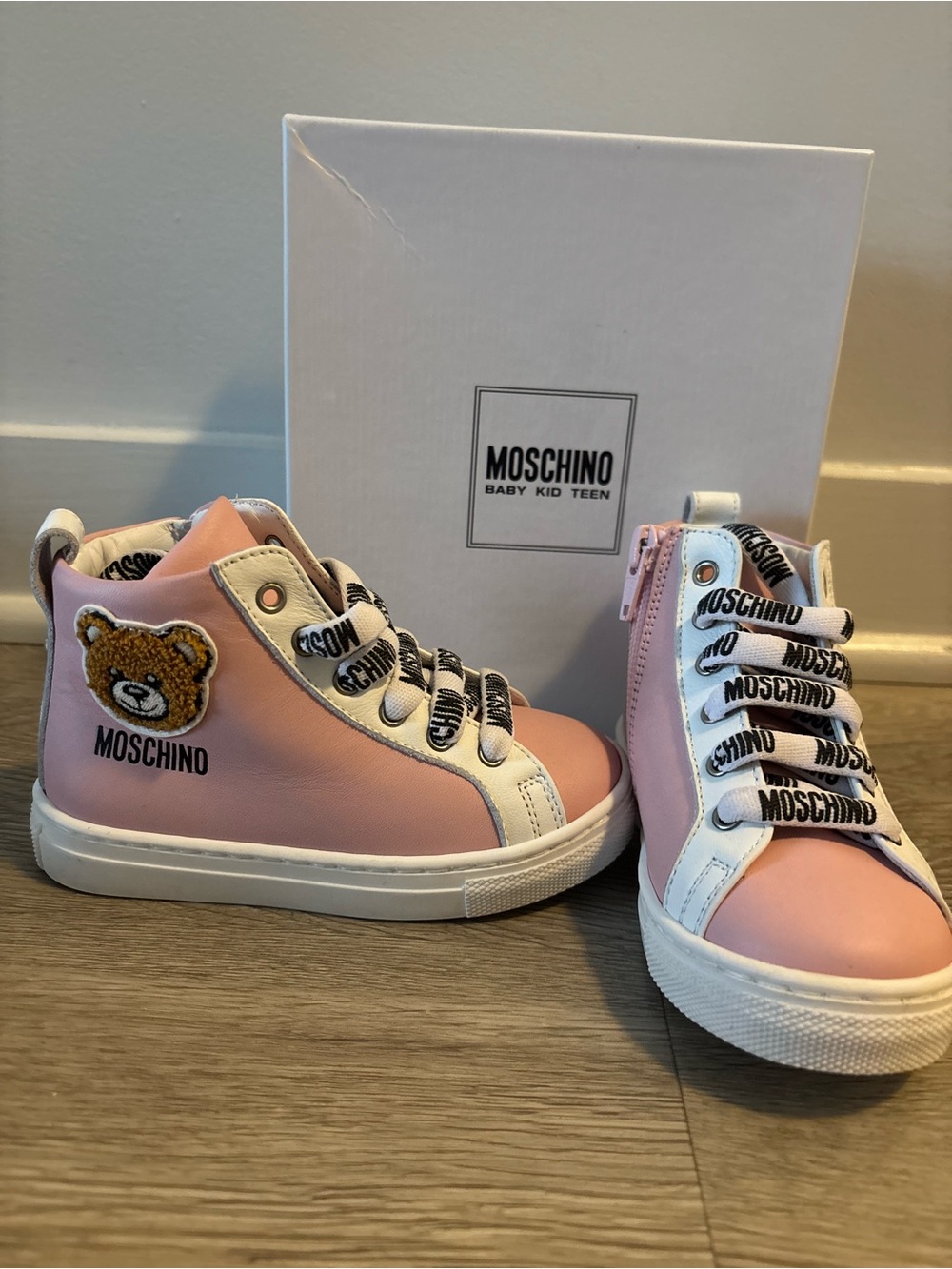 Moschino Pink and White Teddy Patch High-Top Sneakers